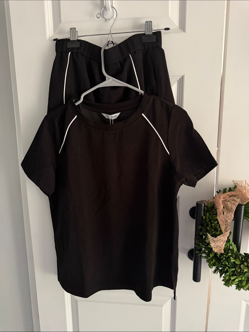 Athleisure black with white piping top and skort set